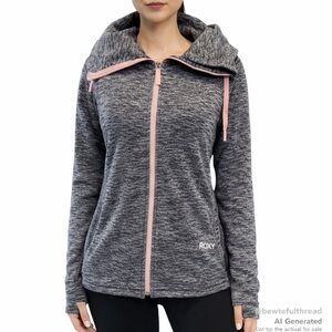 ROXY M Grey Full Zip Hoodie Pink Trim Thumbholes Athleisure